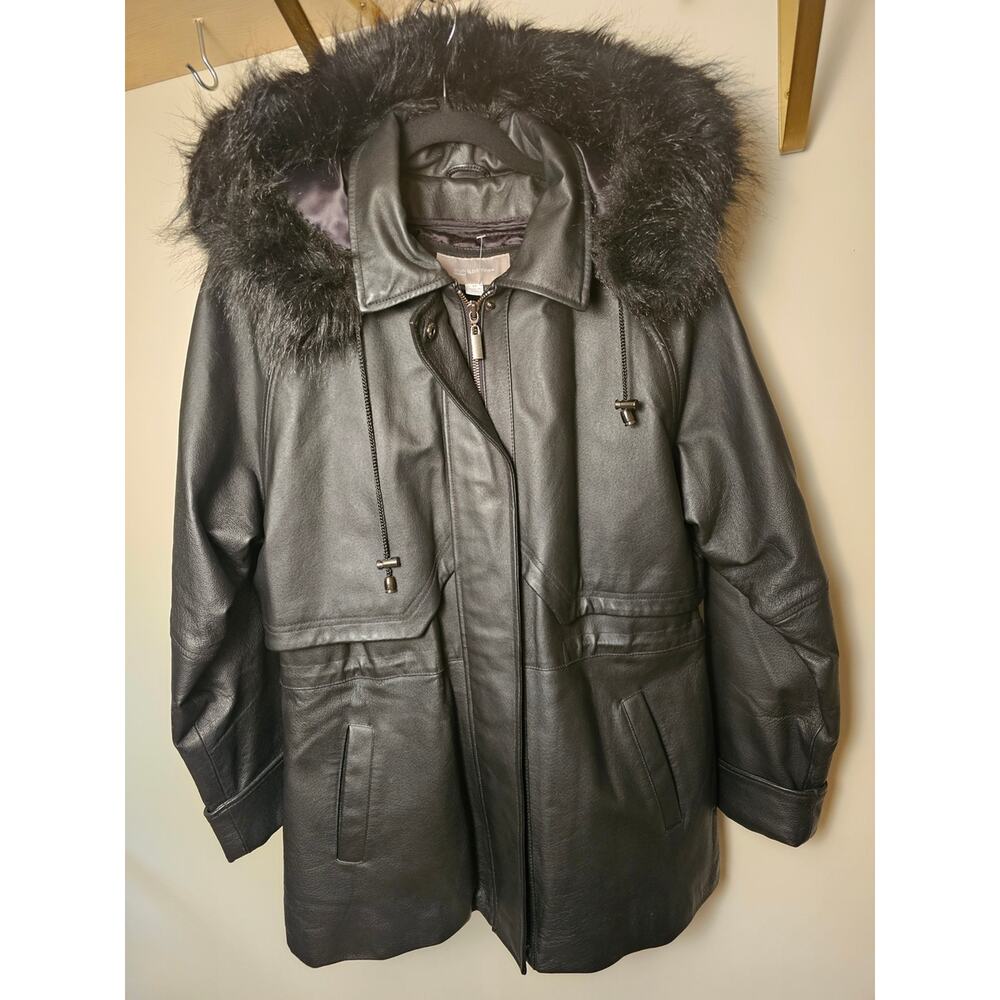 Y2k Genuine Leather Parka Jacket With Faux Fur Hood